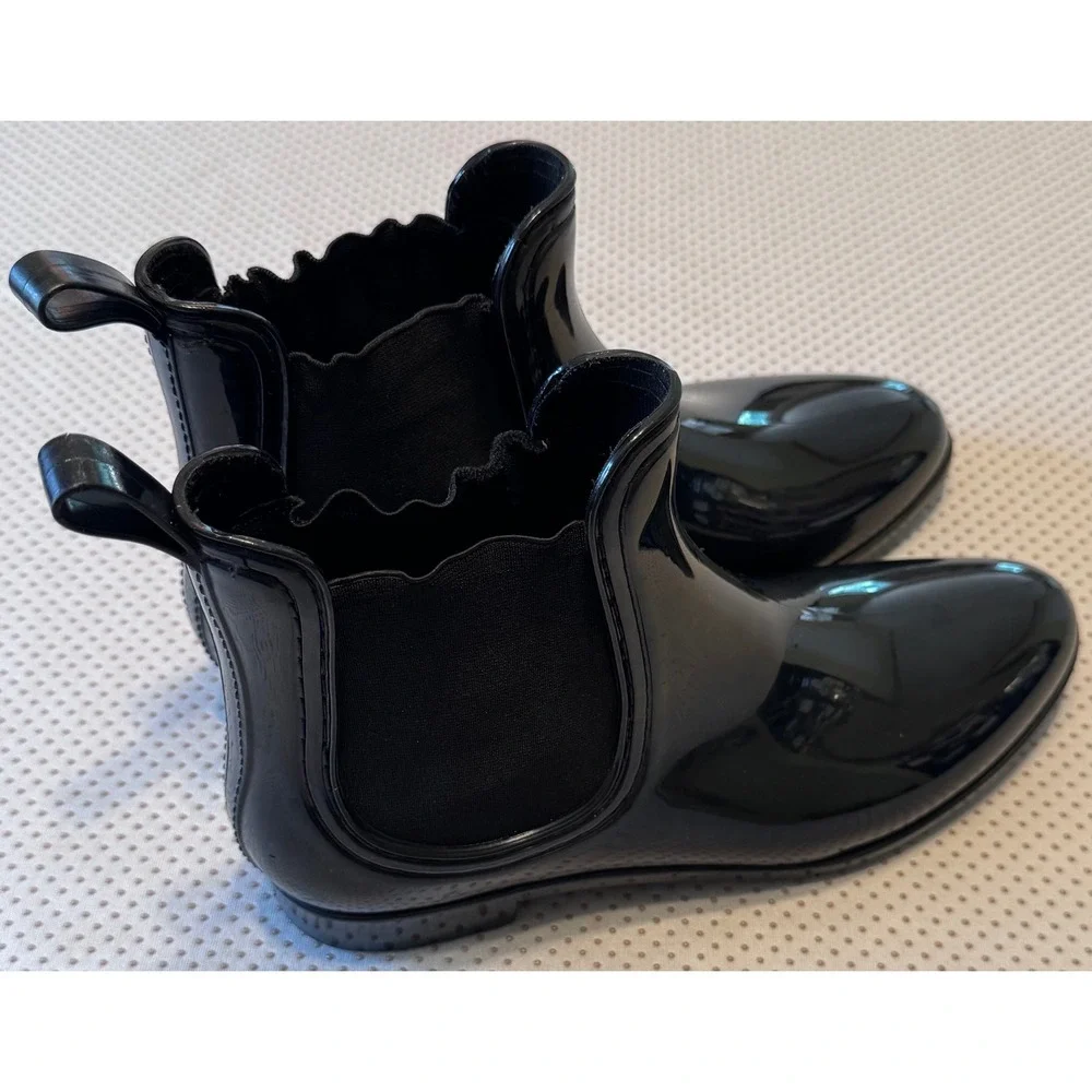 Women's Black Patent Rain Boots Ankle Length Size 10